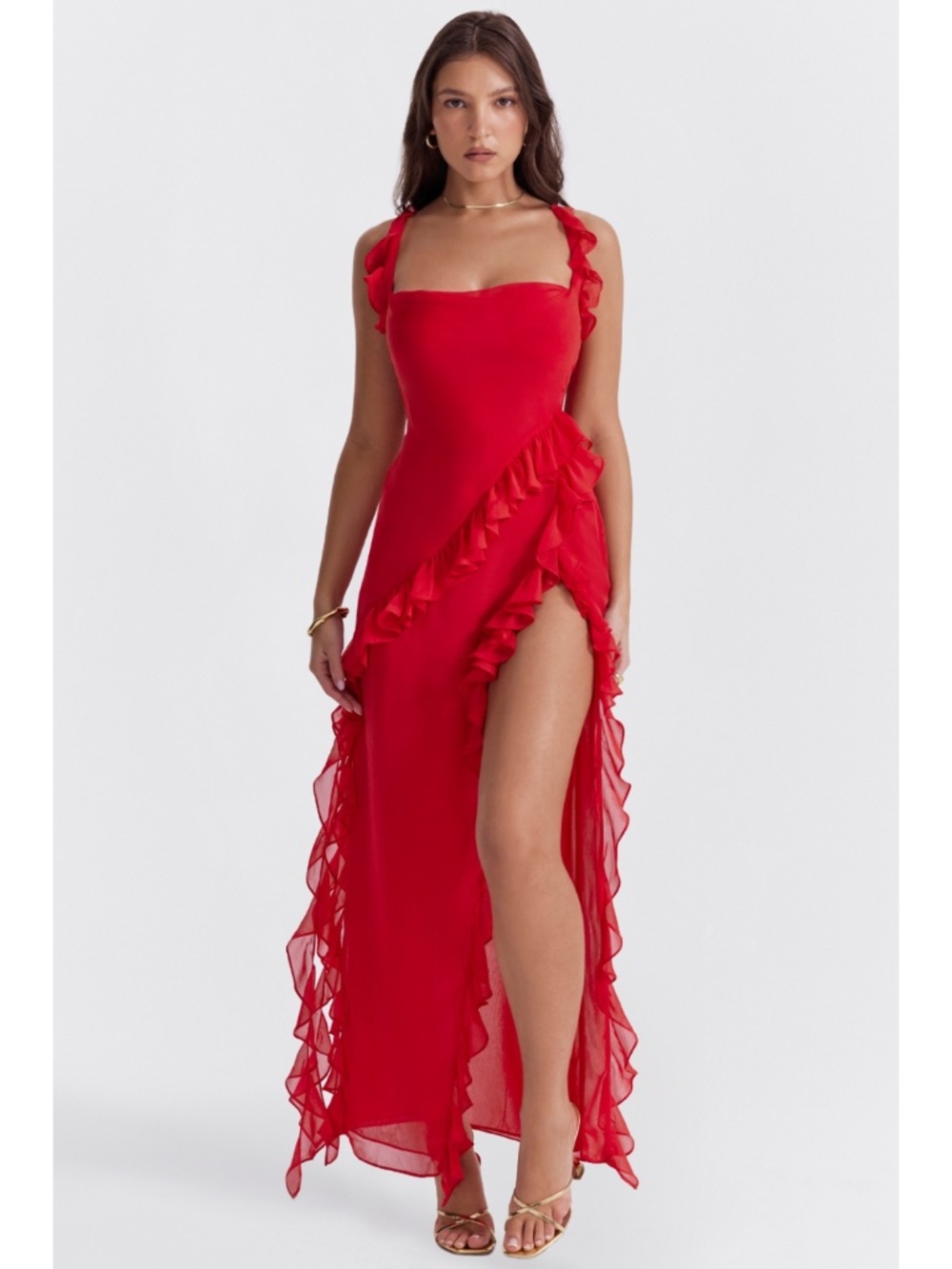 NEW House of CB Ariela Ruffle Maxi Dress Red Rose Cherry Large